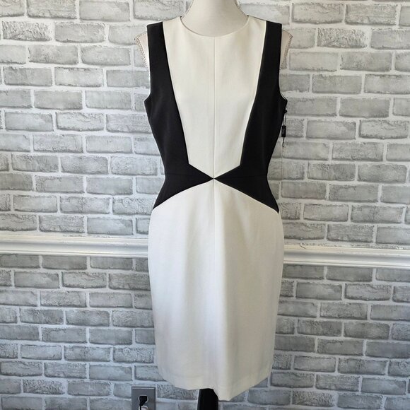 Tahari Colorblock Stretch Ponte Dress NEW 6 Structured Career Classic Black Whit - Picture 10 of 10